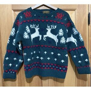 Eddie Bauer Teal and White Reindeer Sweater